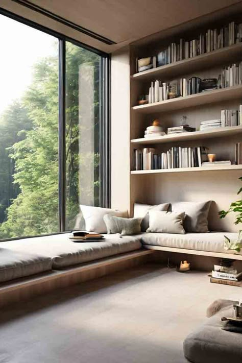 House Reading Corner, Relaxing Reading Room Ideas, Large Window Reading Nook, Book Nook Design, Reading Nook With A View, Mid Century Modern Reading Corner, Home Nook Ideas, Built In Reading Corner, Nook Area Ideas