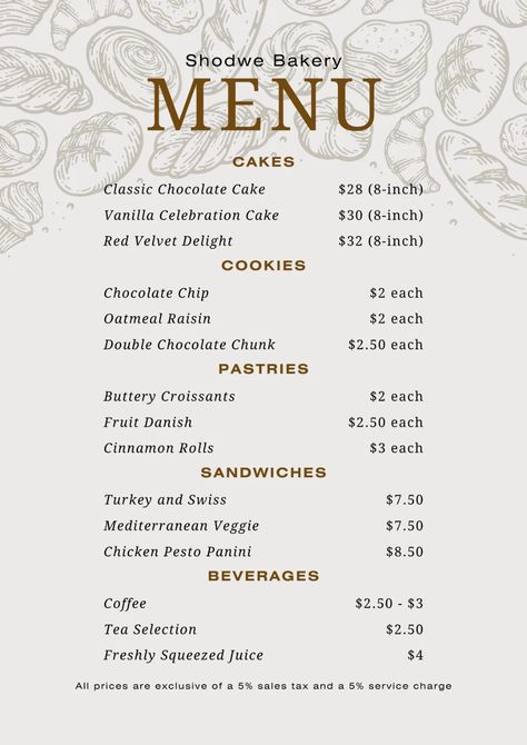 Brown Classic Illustrative Bakery Menu - Templates by Canva Bakery Menu Ideas Design, Baking Menu Design, Small Cafe Menu Ideas, Fall Bakery Menu Ideas, Bakery Menu Design Templates, Home Bakery Menu Ideas, Bakery Menu Board, Dessert Menu Design Ideas, Bakery Menu Ideas