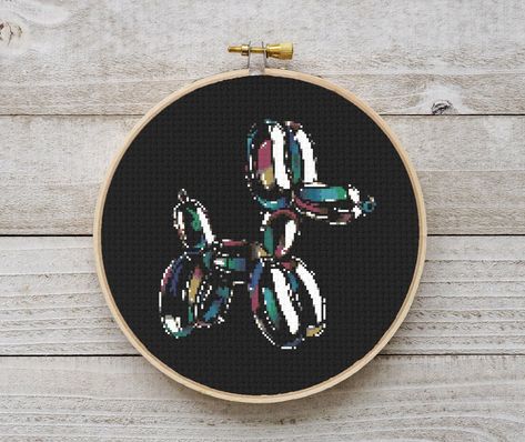 Glass Balloon Dog Cross Stitch Pattern This pattern is an instant digital download PDF. 📌 Stitches Required: Full cross stitches 🧵 Colors Required: 21 DMC floss colors 🧵 Fabric: 14-count 🧵 Size: 130 x 130 stitches 🧵 Fabric Size: 9.25 x 9.25 inches    ------------------------------------------------------- 📌 PDF Included: ✅ Pattern in color symbols with floss legend on several sheets (ideal for printing); ✅ Pattern in color symbols on 1 sheet (ideal for tablet or printing); ✅ List of DMC th Minimalist Cross Stitch Pattern, Negative Space Cross Stitch, Masculine Cross Stitch, Cross Stitch On Black Aida Cloth, Fun Cross Stitch Patterns, Cross Stitch Aesthetic, Adult Cross Stitch, Cross Stitch Decor, Abstract Cross Stitch