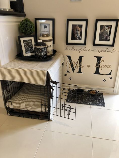 By using a crate  these dogs will have a safe space where they can be left to relax and not cause any trouble. The crate acts as their own personal safe space and they feel "safe" in it. Bed Corner, Dog Room Decor, Dog Bedroom, Pets Wallpaper, Puppy Room, Dog Corner, Animals Jokes, Dog Area, Puppy Beds