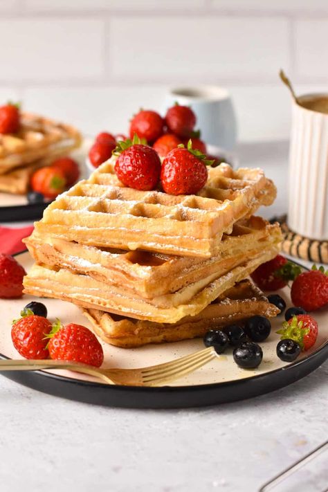 These Vegan Waffle Recipe are light, fluffy and crispy vegan Belgian waffles perfect as a week-end comforting breakfast.These Vegan Waffle Recipe are light, fluffy and crispy vegan Belgian waffles perfect as a week-end comforting breakfast. Coconut Milk Waffle Recipe, Waffle Recipe Fluffy, Waffle Recipe Without Eggs, Vegan Waffle Recipe, Comforting Breakfast, Conscious Plant Kitchen, Vegan Pancakes Easy, Vegan Crepes, Vegan Waffles