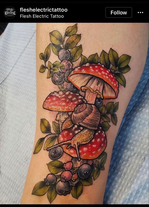 Cottagecore Tattoo, Women's Shoulder Tattoo, Mushroom Tattoo, Mushroom Tattoos, Fusion Ink, Detailed Tattoo, Shoulder Tattoos For Women, Tattoo Design Book, Tattoo Kits