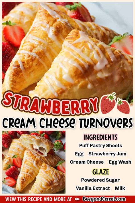 With just strawberry jam, cream cheese, and puff pastry you to can make a tasty strawberry cream cheese turnover that's perfect for brunch! A simple glaze on top makes these treats irresistible and you won't be able to wait to sink your teeth into these tasty breakfast pastries. Strawberry Cream Puff Pastry, Strawberry Cream Cheese Puff Pastry, Strawberries And Cream Puff Pastry, Strawberries And Cream Pastry, Cream Cheese Turnovers, Cheese And Puff Pastry, Strawberry Cream Cheese Danish Puff Pastry, Strawberry Cream Cheese Breakfast Pastries, Strawberry Turnovers