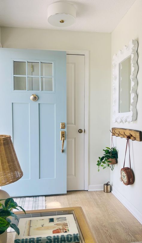 Robin Egg Blue Front Door, Dutch Back Door, Cali Coastal Decor, Coastal Interior Doors, Charleston Home Aesthetic, Pale Blue Front Door, Cottage Beach House Decor, Cornflower Blue Front Door, Indoor Door Paint Colors