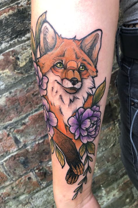 Loved this sneaky fox, positioned on the forearm! #fox #neotrad #femaletattooist | By KT | Done at 14 Arrows Tattoo | Apr 28th 2020 | 1360766 Ruth Brown, Red Fox Tattoos, Brown Tattoo, Browning Tattoo, Fox Tattoo Design, Granville Street, Private Tattoos, Worlds Best Tattoos, Tattoo Expo