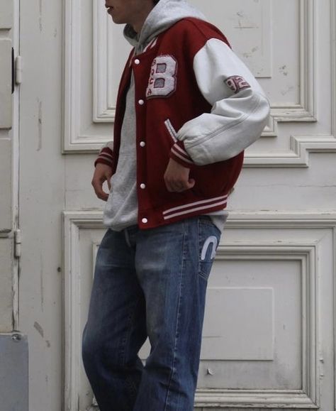 Letterman Jacket Mens Outfits, Red Letterman Jacket Outfit Men, Red And White Varsity Jacket Outfit, Lettermen Jacket Outfit Men, Jock Outfit Men, Red Outfits Men Aesthetic, Jock Outfits Men, Red Letterman Jacket Outfit, 80s Jock Aesthetic