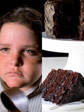 Matilda. The dish: Chocolate cake. The film: The devilish cake that The Trunchbull demands Bruce Bogtrotter to finish in one sitting. You will need: Milk, chocolate, flour, almonds, cocoa powder, baking powder, unsalted butter, sugar, vanilla, eggs. Bruce Bogtrotter, Matilda Chocolate Cake, Matilda Cake, Cakes And Desserts, Rich Chocolate Cake, Chocolate Cheese, Chocolate Icing, Creamy Chocolate, Chocolate Cake Recipe