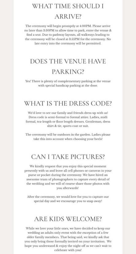 Signage Checklist For Wedding, Wedding Instructions For Guests, Rules For My Wedding, Wedding Rules For Guests, Wedding Faqs For Guests, Wedding Guest Invite Rules, Wedding Rules, Wedding Info, Farmhouse Wedding