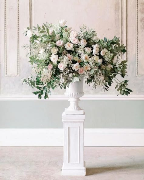 Urn Wedding Arrangements, Urn Floral Arrangements Wedding, Urn Vase Floral Arrangements, Wedding Urn Flowers, Altar Florals, White And Pink Wedding Flowers, Pastel Themed Wedding, White And Pink Wedding, David Austin Wedding