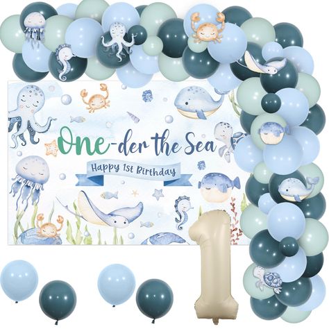 PRICES MAY VARY. Package Includes: You will receive 1 x ocean 1st birthday backdrop, 8 x ocean animal stickers, 50 x latex balloons (12 inches), 15 x latex balloons 5 inches, 1 x number 1 foil balloon(No Helium Supported), which can meet all your demands for boy ocean theme 1st birthday party High Quality: The ocean birthday decorations balloons and number 1 foil balloon are made of high quality latex and foil material, which is durable and reliable, the backdrop is made of premium quality of vi 1st Birthday Sea Theme, Under The Sea Birthday Boy, One Year Old Birthday Party Theme Summer, 1st Bday Themes For Boys Summer, Water First Birthday Party, Shark Themed First Birthday Party, One Der The Sea First Birthday Boy, Under The Sea First Birthday Party, Under The Sea 1st Birthday Boy