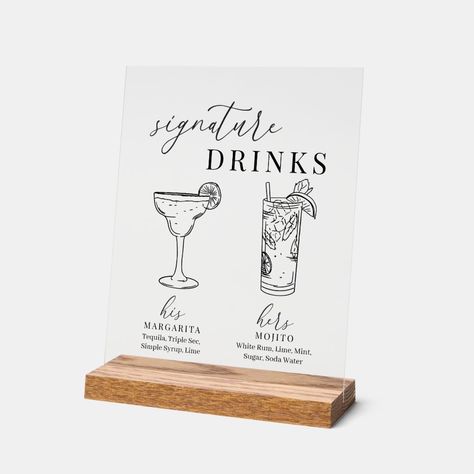 Modern Elegant Black & White Signature Drinks Acrylic Sign Signature Drink Signs, Frozen Margarita, Margarita On The Rocks, Classic Serif Fonts, Wedding Acrylic, Vodka Soda, Modern Elegant Wedding, Elegant Script Fonts, Signature Drinks Sign