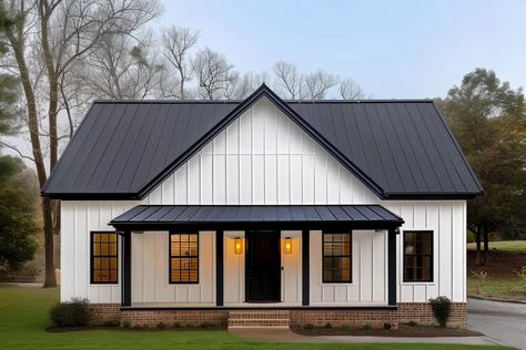 This modern farmhouse plan  gives you 2 bedrooms, 2 full baths and 1,120 square feet of heated living space with a 2-car side-entry garage at the rear of the home.  Step into a space that is open wall-to-wall from the 8'-deep front porch and enjoy unbroken views from the kitchen stove to the fireplace. The entire front of the home is under a vaulted ceiling. Bedrooms line the back of the home plan and are separated by two bathrooms maximizing your privacy. Architectural Designs' primar Garage Beside House, Country House Small Cottage Style, 30x28 House Plans, 2 Bedroom Cottage House Plans, 2 Bedroom 1200 Sq Ft House Plans, 1500 Sq Ft Barndominium Floor Plans With Loft, Barndominium Ideas 1500 Sq Ft, Small House With Loft Floor Plans, 36x36 House Plans