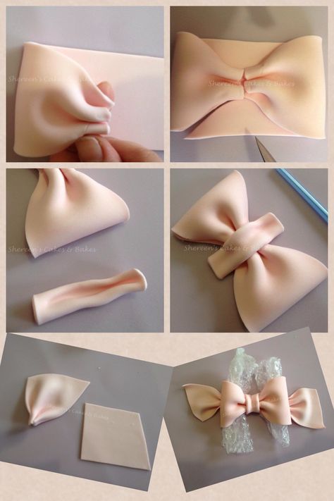 bow tutorial. great idea for my granddaughters snow white bday party Fondant Bows, Kue Fondant, Tårta Design, Fondant Tips, Fondant Techniques, Fondant Bow, Idee Babyshower, Fondant Tutorial, Gum Paste Flowers