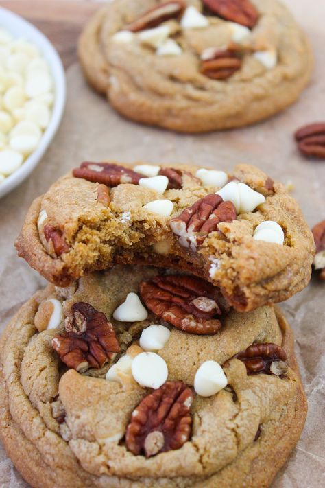 White Chocolate Pecan Cookies White Chocolate Pecan Cookies, Taffey Bakery, Chocolate Pecan Cookies, Peppermint Chocolate Chip Cookies, Oatmeal Butterscotch Cookies, Brown Butter Cookies, Chocolate Chip Pecan Cookies, Cinnamon Roll Cookies, Hot Chocolate Cookies