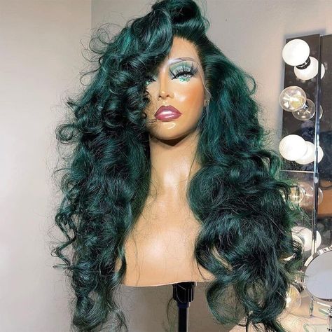 Dark Green Synthetic Lace Front Wig Long Wavy Wigs Pre-Plucked Heat Resistant Dark Green Wig, Medium Dark Brown Hair, Hair Toupee, Green Wig, Brazilian Remy Hair, Dye Colors, 360 Lace Wig, Custom Wigs, Human Hair Lace Wigs