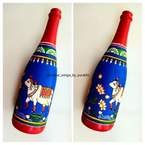 Bottle Art Painting. Kitchen Doodle Art, Clay Work On Bottle, Art On Glass Bottle, Bottle Art Projects, Bottle Paint, Doodle Art Posters, Pichwai Art, Embroidery Tattoo, Hand Painted Wine Bottles