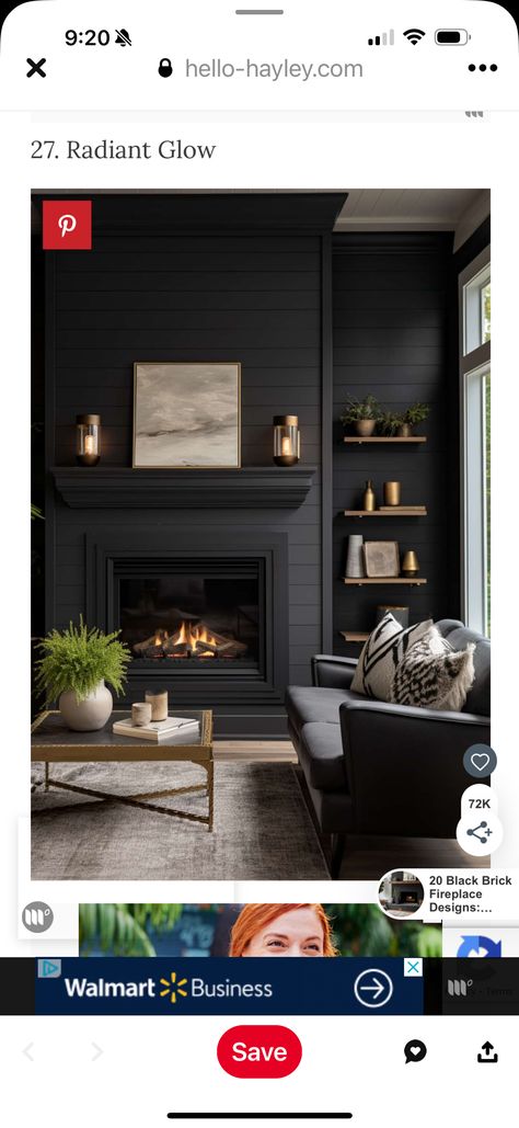 All Black Fireplace Wall, Moody Fireplace Wall, Black Fireplace With Wood Mantle, All Black Fireplace, Black Painted Brick Fireplace, Dark Fireplace Wall, Moody Fireplace, Black Fireplace Wall, Wood Fireplace Surrounds