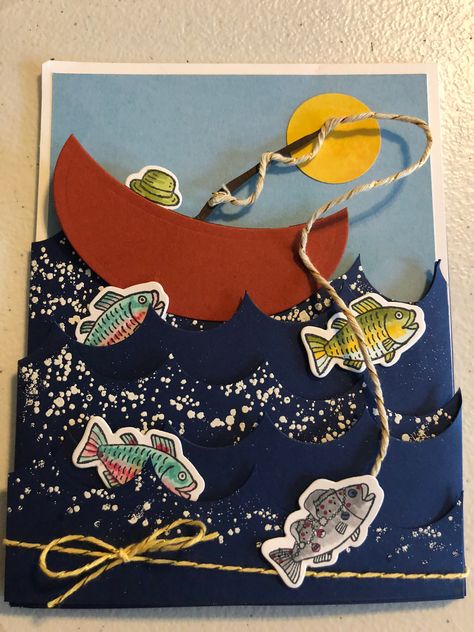 Fancy fold fishing card by Claire Fishing Cards Handmade, Fishing Birthday Cards Diy, Pop Up Fish Card, Pop Up Fishing Cards Diy, Fishing Card Ideas, Fish Birthday Card Diy, Fathers Day Fishing Card, Fishing Birthday Cards, Cardboard Train