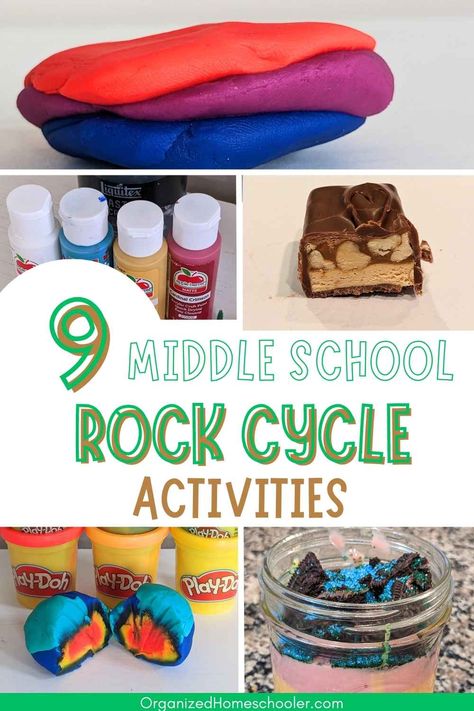 9 middle school rock cycle activities written in between playdough rocks, rock painting, Snickers rock, playdough Earth, and Earth pudding Hands On Rock Activities, Fun Middle School Science Activities, Rock Types Activities, Earth Science Experiments Middle School, Rock And Mineral Activities For Kids, Rock Cycle Model Project, Geology Stem Activities, Rock Unit Study, Earth Science Activities High School