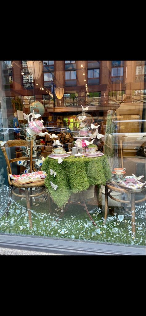 Spring Flower Window Display, Storefront Spring Window Display, Spring Flower Shop Window Display, Floral Store Window Display, Spring Window Displays Store Fronts, Flower Shop Window Displays Store Fronts, Flower Shop Display Window, Easter Display Retail Shop Windows, Tea Party Window Display