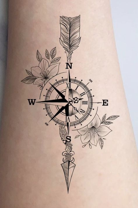 Arrow Compass Tattoo, Feminine Compass Tattoo, Cute Foot Tattoos, Compass Rose Tattoo, Compass Tattoo Design, Modern Tattoos, Arrow Tattoos, Feather Tattoos, Family Tattoos