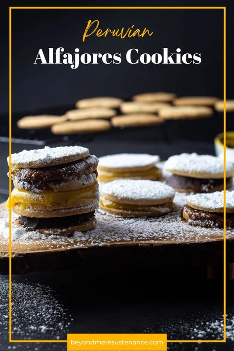 These Peruvian alfajores cookies feature anise-flecked, buttery shortbread-like cookie with one of 3 fillings - manjar blanco, passion fruit curd, or chocolate ganache. Try one or all three! #PeruvianAlfajoresCookies #PeruvianCookieRecipes #PeruvianDesserts #ManjarBlanco #PassionFruitCurd #ChocolateGanache #BeyondMereSustenance Peruvian Cookies Recipes, Peruvian Alfajores Recipe, Alfajores Recipe, Cookie Biscuits, Peruvian Desserts, Fruit Curd, Dark Chocolate Desserts, Biscuits Recipes, Passion Fruit Curd