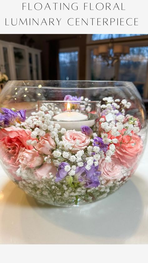 Janine Graff | Floating Floral Luminary Centerpiece 🌸✨ With a blend of baby’s breath, roses, and florals delicately floating in water, this enchanting… | Instagram Luminary Centerpiece, Floating Flower Centerpieces, Janine Graff, Floating Flower Arrangements, Water Centerpieces, Air Freshener Recipes, Floating Flower, Big Vases, Floating Candle