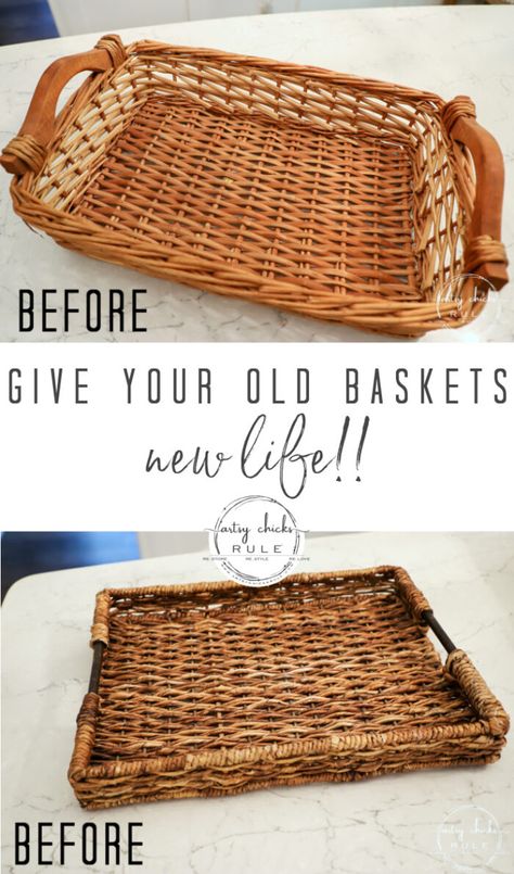 Wicker Basket Makeover, Basket Upcycle, Basket Painting, Wicker Basket Decor, Painting Baskets, Basket Decor Ideas, Decorate With Baskets, Basket Makeover, Cane Baskets