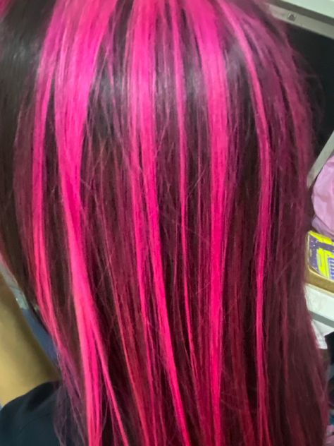 Hot Pink Streaks In Black Hair, Ginger Hair With Pink Skunk Stripe, Dark Hair With Hot Pink Highlights, Y2k Pink Highlights, Hot Pink Peekaboo Highlights, Black Hair And Pink Highlights, Pink Skunk Hair On Brown Hair, Hot Pink Hair With Light Pink Highlights, Pink Sunk Strip Hair