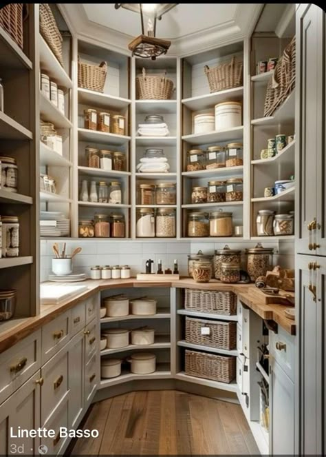 Butcher Block Pantry, Kitchen With Butlers Pantry Layout, Dream Pantry Walk In, Luxury Pantry, Modern Farmhouse Pantry, Farmhouse Kitchen Pantry, Walk In Pantry Ideas, Pantry Lighting, Pantry Inspiration