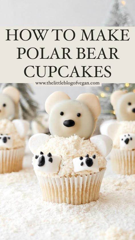 How to make these adorable Polar Bear Cupcakes! Easy + Vegan Polar Bear Cupcakes, Polar Bear Cupcake, Polar Bear Party, Polar Bear Baby Shower, Penguin Cupcakes, Winter Cupcakes, Bear Cupcakes, Bear Baby Shower Theme, Vegan Marshmallows