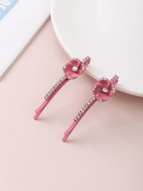 Pink Casual Collar  Iron Plain Bobby Pin Embellished   Women Accessories Pink Hair Accessories, Scrunchies Diy, Bobby Pin Hairstyles, Gold Ring Designs, Bobby Pin, Rhinestone Flower, Flower Decor, Pretty Jewellery, Hand Fan