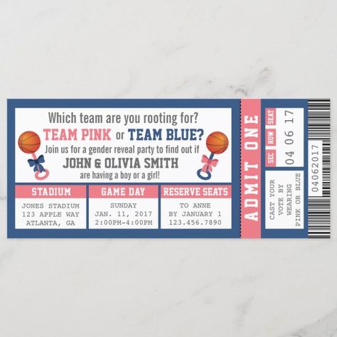 Sports Ticket Gender Reveal Invitation, Basketball Invitation Free Throws Or Pink Bows, Sports Gender Reveal, Basketball Gender Reveal, Basketball Invitations, Gender Reveal Boy, Bows Gender Reveal, Basketball Tickets, Bow Gender Reveal, Gender Reveal Themes