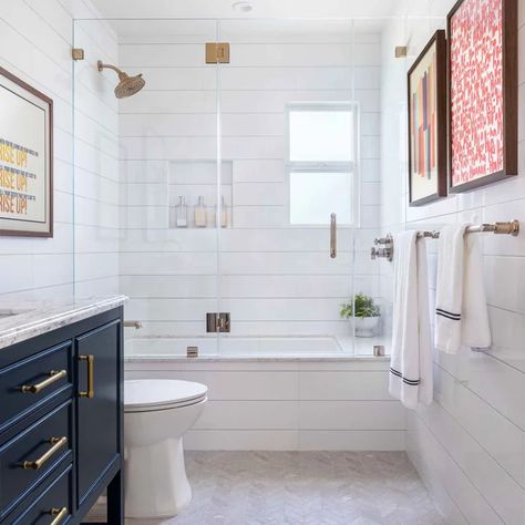 Frameless Hinged Glass Tub Doors, Master Bath Ideas Tub Shower Combo, Small Bathroom Remodel With Tub Tile, Half Bath Into Full Bath, Bath Under Window Layout, Second Bathroom Remodel, Farmhouse Tub Shower Combo, Second Bathroom Ideas, Modern Shower Tub Combo