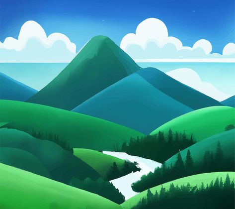 Hills Drawing, Hills Illustration, Hill Drawing, Mountain River Landscape, Cute Turtle Drawings, Cat Animation, Cartoon Mountain, Mountain Scenes, Landscape Clipart