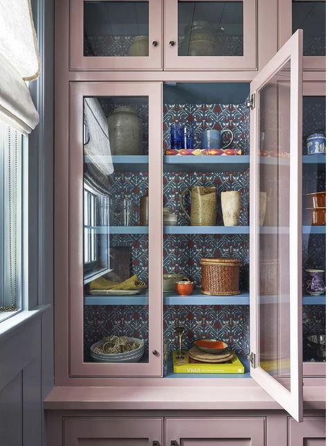 Pink Kitchen Cabinets, Fine Paints Of Europe, Large Indoor Plants, Glass Cabinets, Timeless Kitchen, Cottage Style Homes, Butler's Pantry, Pink Kitchen, Artist House