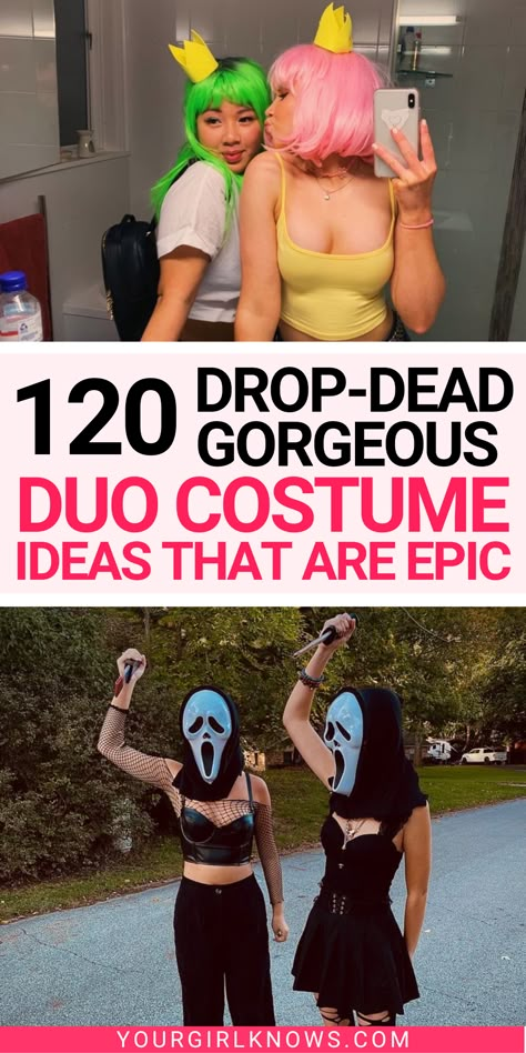 Friend Couple Costumes, Pairs Halloween Costumes, Easy Best Friend Costumes, Blonde Brunette Halloween Costumes Duo, Non Basic Duo Halloween Costumes, Female Duo Halloween Costumes, Costumes For 2 Friends Funny, Girl Couple Halloween Costumes, Costume For 2 Friends