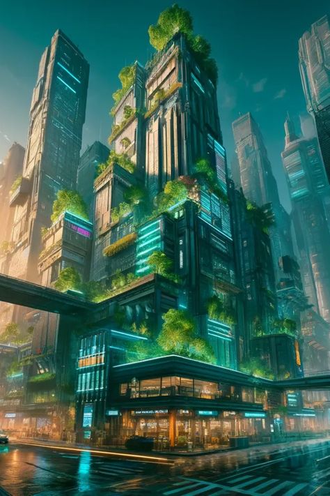 Discover a world where neon-lit skyscrapers merge with lush greenery in this stunning vision of the future. Perfect for those inspired by the intersection of technology and nature. Downloads Available @ https://slaacr.com Solar Punk, Green Terrace, Cyberpunk City, Future Perfect, Green City, Lush Greenery, Futurism, City Design, Futuristic Architecture