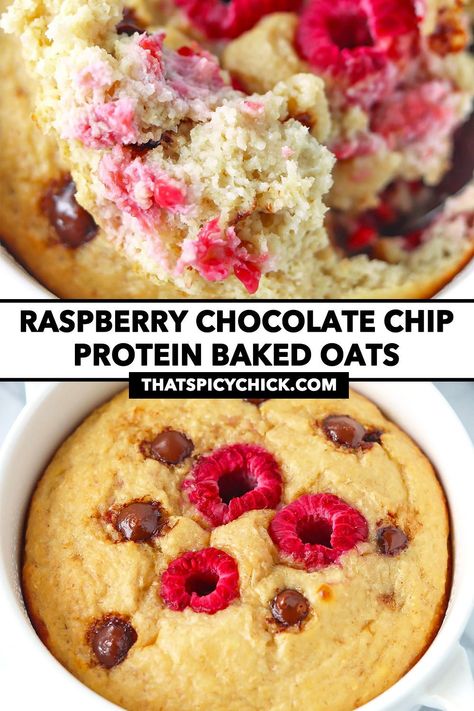 These Raspberry Chocolate Chip Baked Oats are easy to make, boast an incredible vanilla cake flavor and a soft, fluffy cake-like texture! They're a healthy breakfast that’s high in protein and fiber, made with all things good for you and meal prep friendly too! #bakedoats #bakedoatmeal #healthy #breakfast #mealprep #highprotein #highproteinmeals #highfiber #raspberrybakedoats #baking #highproteinbreakfast | That Spicy Chick Protein Oats Baked, High Protein Breakfast Baked Goods, Sweet High Protein Breakfast, Baked Oats Recipes Healthy High Protein, Baked Protein Oats, Baked Protein Oats Breakfast, High Protein Baked Oats, Low Calorie High Protein Baked Oats, Baked Oats Protein