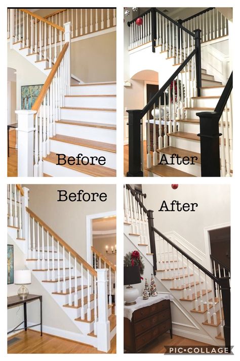 Beautiful, budget-friendly foyer/staircase update. Totally changes the look and feel of the space. We used SW Agreeable Gray walls, added shadow box trim/wainscoting in foyer and up the stairs and painted the banister/railings true black gloss. Oak Railing, Stairway Decor, Banister Remodel, Diy Staircase Makeover, Tiny House Living Room, Turkey Hill, Stairs Renovation, Stairway Decorating, Hallway Stairs