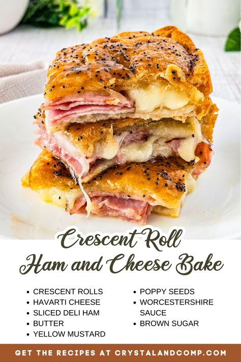 crescent roll ham and cheese bake ingredients list Crescent Roll Ham And Cheese, Ham Delights Recipe, Ham And Cheese Crescent Rolls, Crescent Sandwiches, Crescent Roll Bake, 30 Minute Meals Chicken, Crescent Roll Recipes Dinner, Crescent Roll Casserole, Recipes Using Crescent Rolls