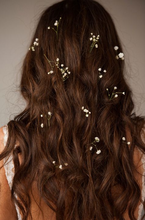 Brides With Long Hair, Hairstyles With Baby Breath Flowers, Babys Breath Hairstyles, Baby’s Breath Hair, Brunette Goddess, Espresso Martinis, Bridal Styling, Flowers In Her Hair, Allison Argent