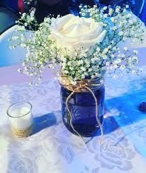 Winter Baby Shower Centerpieces, Navy Centerpieces, Blue Centerpieces, Shower Table, Jar Centerpieces, Blue Mason Jars, Baby Shower Bbq, Mason Jar Flowers, Baby Breath