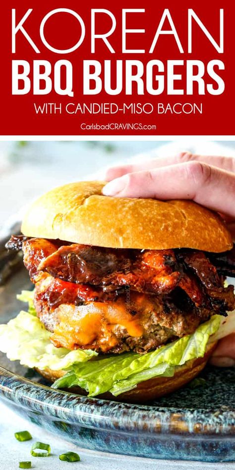 Korean Burger, Hamburger Recipe, Bbq Burger, Bbq Burgers, Carlsbad Cravings, Bbq Bacon, Candied Bacon, Gourmet Burgers, Hamburger Recipes