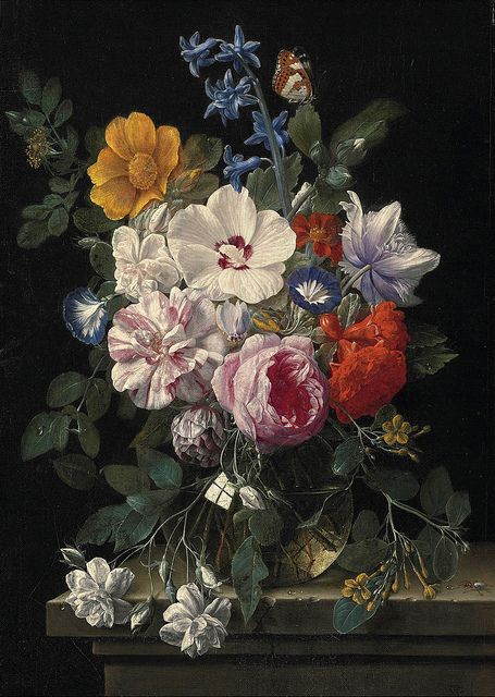 Nicolaes van Veerendael "Flowers in a glass vase, butterfly and beetle on a stone ledge" (17th century) | Flickr - Photo Sharing! Boho Prints, Rose Wall Art, Flowers In A Vase, Rose Frame, A4 Poster, Arte Floral, Vintage Artwork, Vintage Rose, Still Life Painting