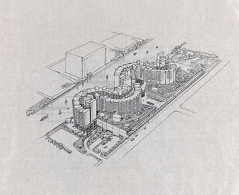 River City, Aerial Perspective | The Art Institute of Chicago Aerial View Perspective Drawing, Aerial Perspective Architecture, Aerial Perspective Drawing, Masterplan Presentation, Perspective Techniques, Bertrand Goldberg, Presentation Drawing, Aerial Perspective, Architecture Drawing Presentation