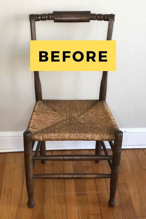 Rush Chair Makeover, Repurposed Chairs Diy, Upcycle Dining Room Chairs, Repurpose Dining Chairs, Repurposed Wooden Chairs, Wooden Chair Upcycle, Diy Wooden Chair Makeover, Old Chairs Repurposed Diy Projects, Stool Design Ideas