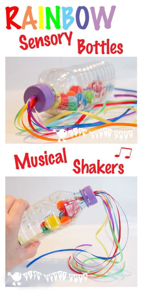 Make a Rainbow Sensory Play Bottle / Musical Shaker, great for all ages. From My Little 3 and Me. Visual Sensory Seeking Activities, Rainbow Sensory Bottles, Musical Shakers, Rainbow Sensory, Homemade Musical Instruments, Music Study, Kids Craft Room, Baby Sensory Play, Sensory Bottles