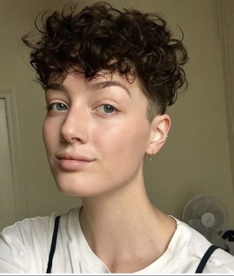 Curly Short Hair Undercut, Pixie Haircuts Curly Hair, Queer Short Curly Hair, Curly Queer Haircut, Short Curly Undercut Women, Nonbinary Curly Hair, Short Curly Hair With Undercut, Female Undercut Short Hair, Curly Pixie Undercut