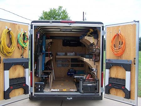 Enclosed Utility Trailers, Trailer Shelving, Work Truck Storage, Van Shelving, Landscape Trailers, Job Pictures, Trailer Organization, Work Trailer, Cargo Trailer Camper